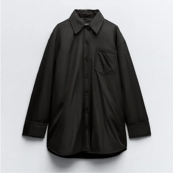 Zara Black Water Repellent Quilted Overshirt shirt Jacket button closure NWT - Picture 4 of 16